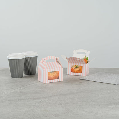 Bio Tek 4 x 2.5 x 2.5 Inch Gable Boxes For Party Favors, 25 Attractive Gift Boxes - Striped Pattern, Pink And White Paper Barn Boxes, Clear PET Window, With Built-In Handle