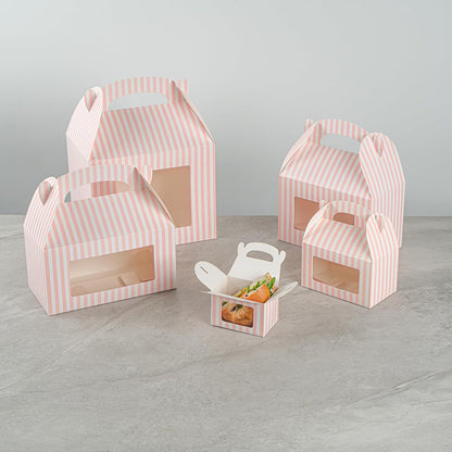 Bio Tek 4 x 2.5 x 2.5 Inch Gable Boxes For Party Favors, 25 Attractive Gift Boxes - Striped Pattern, Pink And White Paper Barn Boxes, Clear PET Window, With Built-In Handle