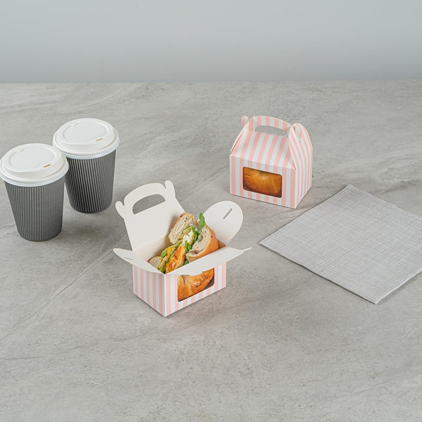 Bio Tek 4 x 2.5 x 2.5 Inch Gable Boxes For Party Favors, 25 Attractive Gift Boxes - Striped Pattern, Pink And White Paper Barn Boxes, Clear PET Window, With Built-In Handle