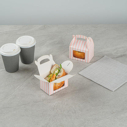 Bio Tek 4 x 2.5 x 2.5 Inch Gable Boxes For Party Favors, 25 Attractive Gift Boxes - Striped Pattern, Pink And White Paper Barn Boxes, Clear PET Window, With Built-In Handle