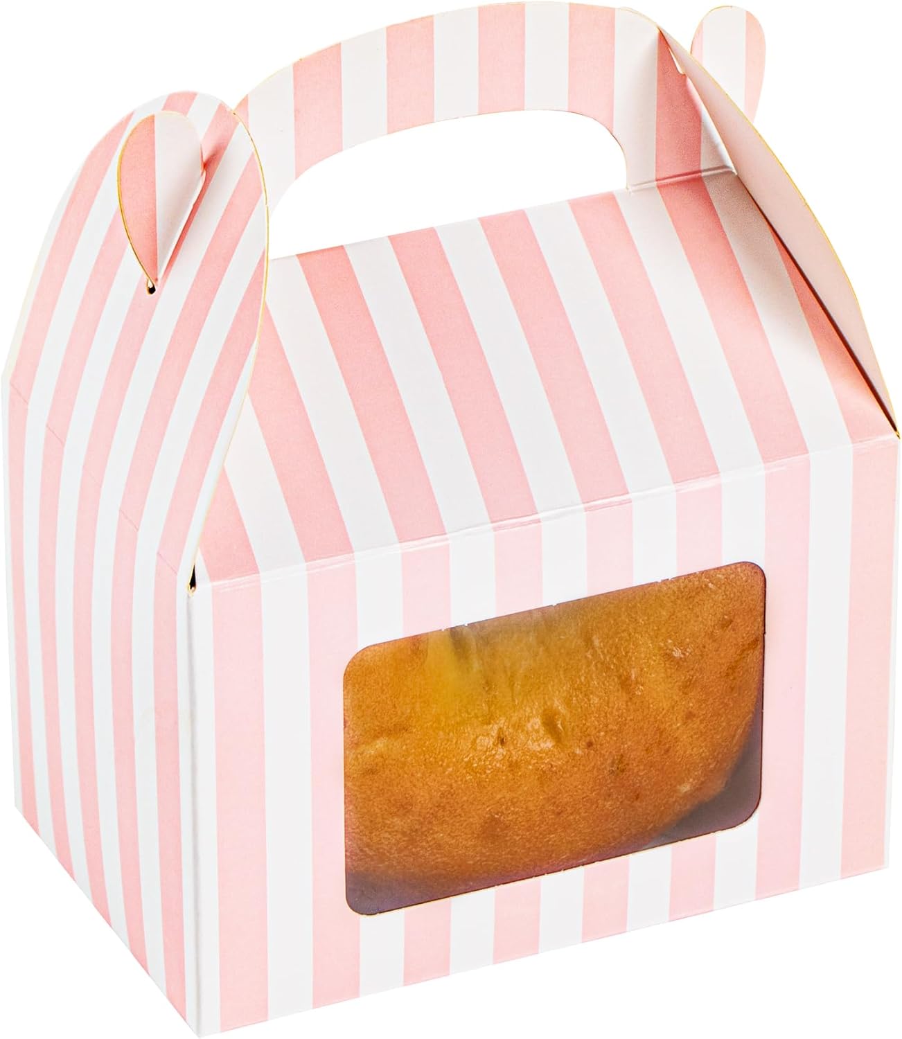 Bio Tek 4 x 2.5 x 2.5 Inch Gable Boxes For Party Favors, 25 Attractive Gift Boxes - Striped Pattern, Pink And White Paper Barn Boxes, Clear PET Window, With Built-In Handle