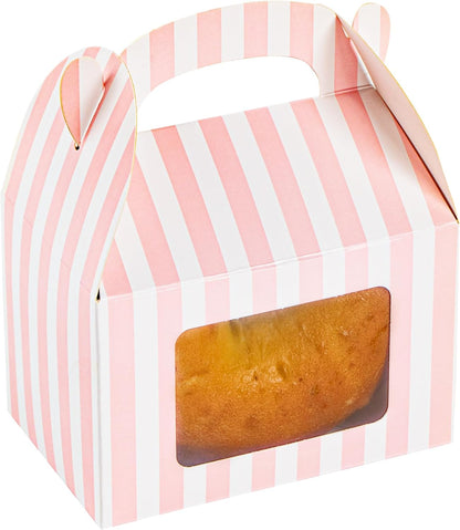 Bio Tek 4 x 2.5 x 2.5 Inch Gable Boxes For Party Favors, 25 Attractive Gift Boxes - Striped Pattern, Pink And White Paper Barn Boxes, Clear PET Window, With Built-In Handle