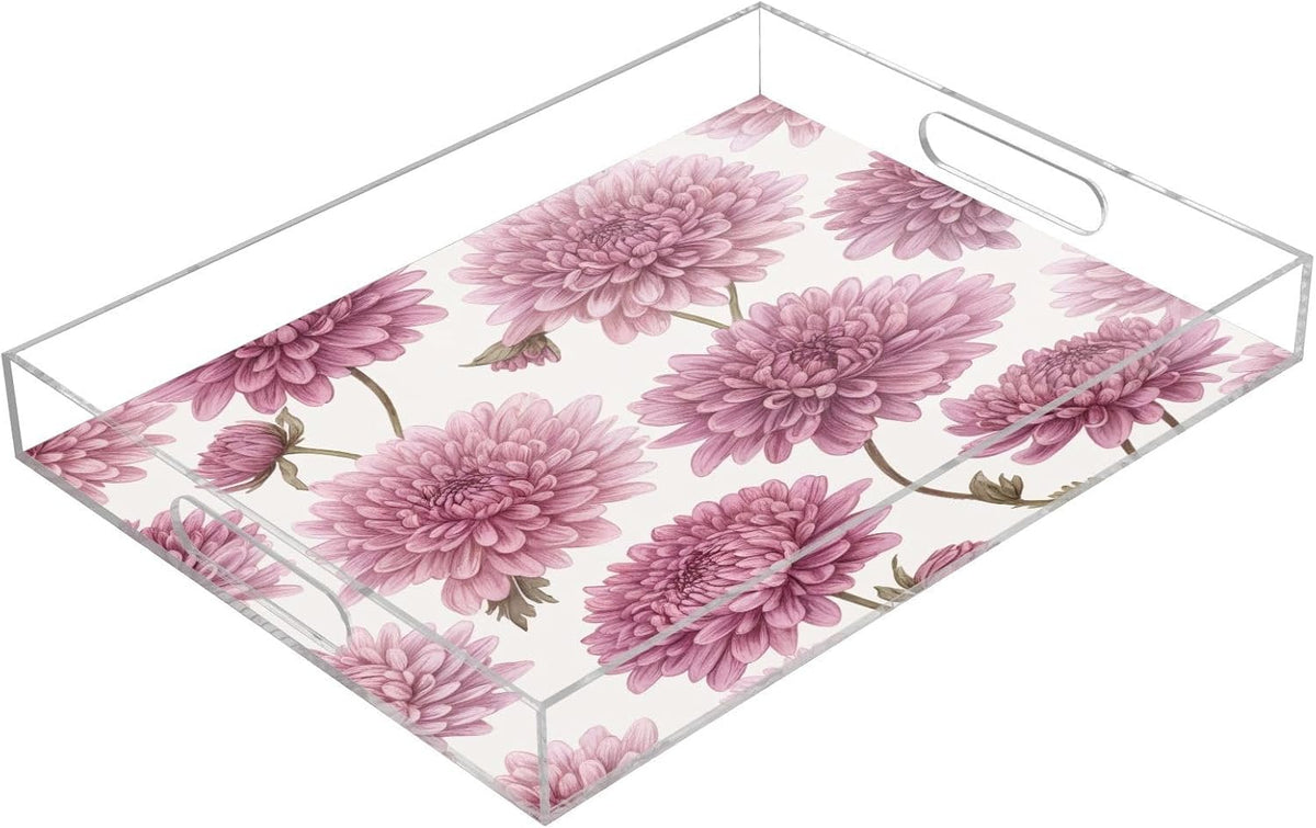 Pink Blossom Flowers Serving Tray Acrylic Decorative Trays 16" x 12" Serving Platter with Handles for Coffee Table, Dessert Party, Bathroom Vanity Countertop