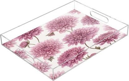 Pink Blossom Flowers Serving Tray Acrylic Decorative Trays 16" x 12" Serving Platter with Handles for Coffee Table, Dessert Party, Bathroom Vanity Countertop