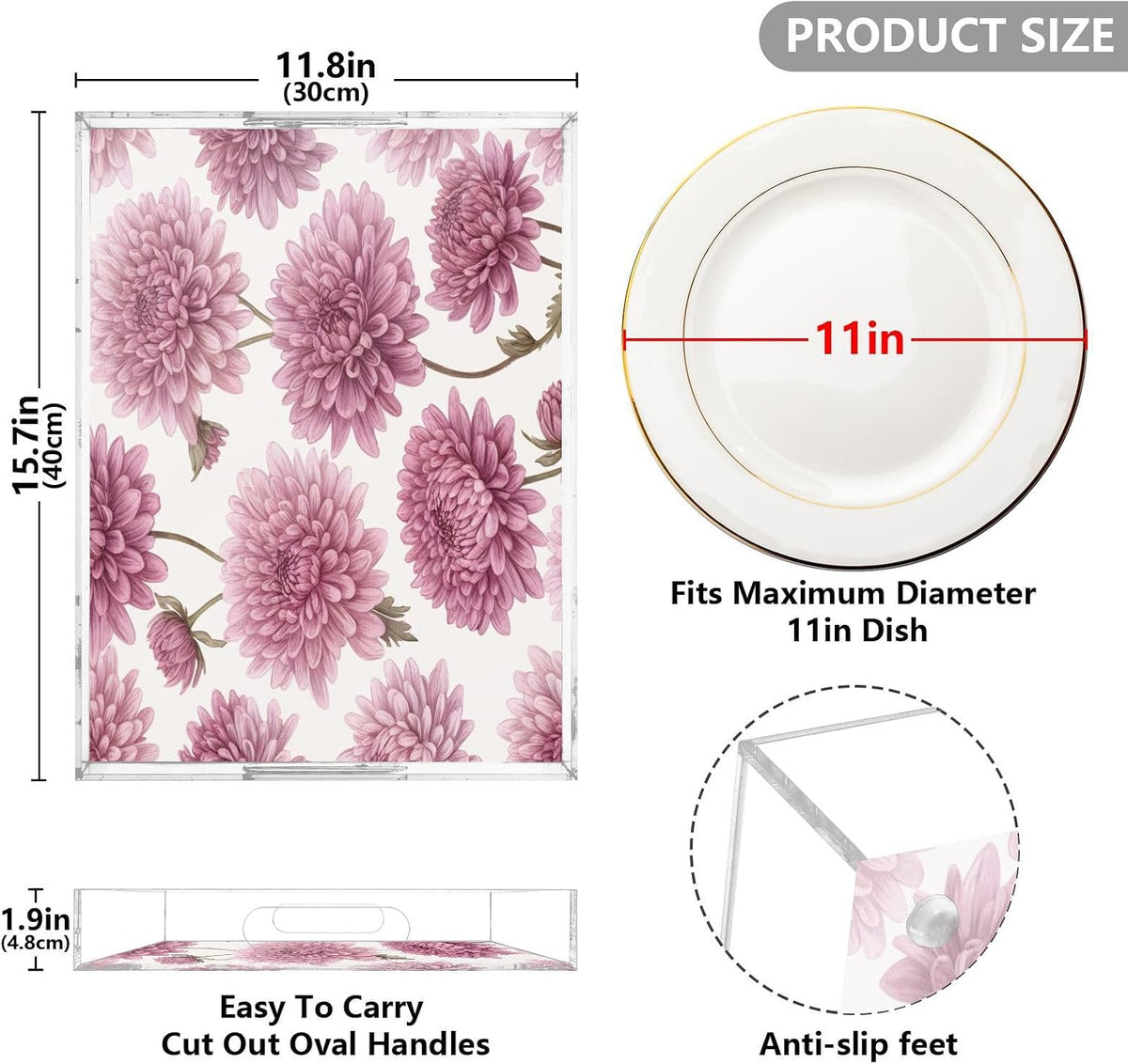 Pink Blossom Flowers Serving Tray Acrylic Decorative Trays 16" x 12" Serving Platter with Handles for Coffee Table, Dessert Party, Bathroom Vanity Countertop
