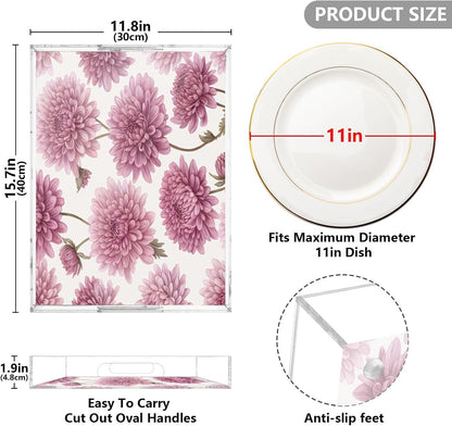 Pink Blossom Flowers Serving Tray Acrylic Decorative Trays 16" x 12" Serving Platter with Handles for Coffee Table, Dessert Party, Bathroom Vanity Countertop