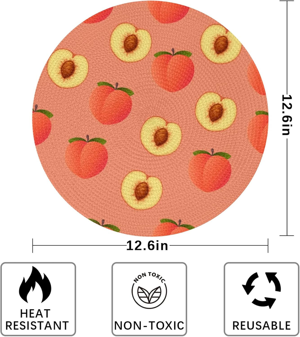 Peach Pit Pattern Table Mats Set of 4 Circle 12.6" Reusable Round Dish Mats for Wedding Circular Placemats for Kitchen Holiday Braided Place Mats Home Party Dining Decor Protected Table