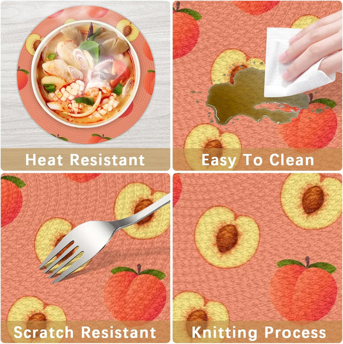 Peach Pit Pattern Table Mats Set of 4 Circle 12.6" Reusable Round Dish Mats for Wedding Circular Placemats for Kitchen Holiday Braided Place Mats Home Party Dining Decor Protected Table