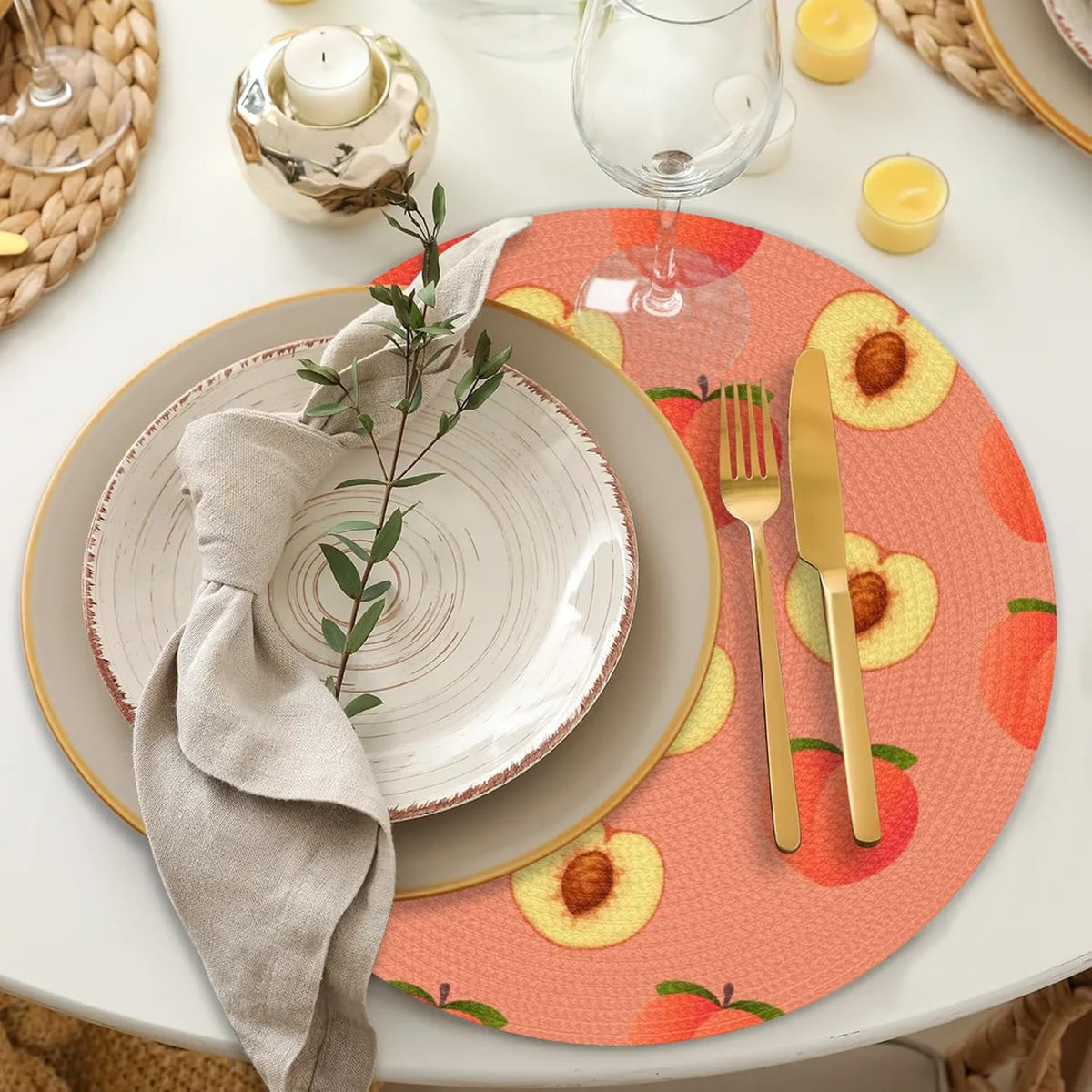 Peach Pit Pattern Table Mats Set of 4 Circle 12.6" Reusable Round Dish Mats for Wedding Circular Placemats for Kitchen Holiday Braided Place Mats Home Party Dining Decor Protected Table