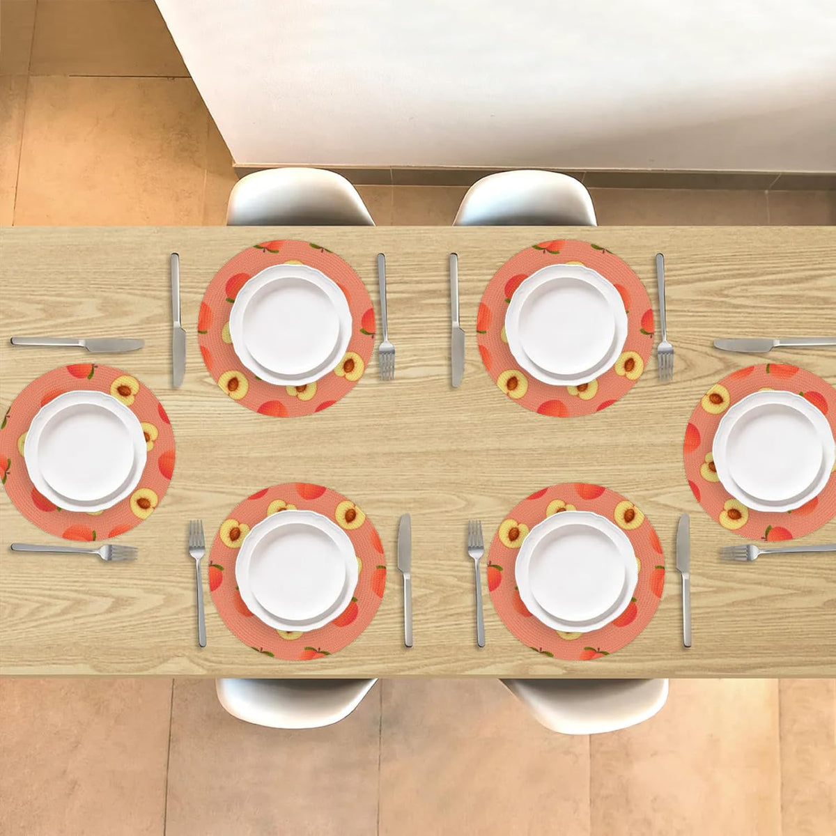 Peach Pit Pattern Table Mats Set of 4 Circle 12.6" Reusable Round Dish Mats for Wedding Circular Placemats for Kitchen Holiday Braided Place Mats Home Party Dining Decor Protected Table