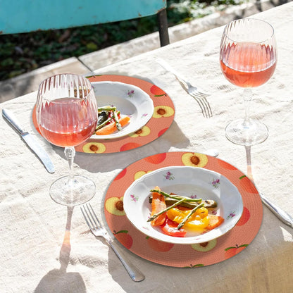 Peach Pit Pattern Table Mats Set of 4 Circle 12.6" Reusable Round Dish Mats for Wedding Circular Placemats for Kitchen Holiday Braided Place Mats Home Party Dining Decor Protected Table