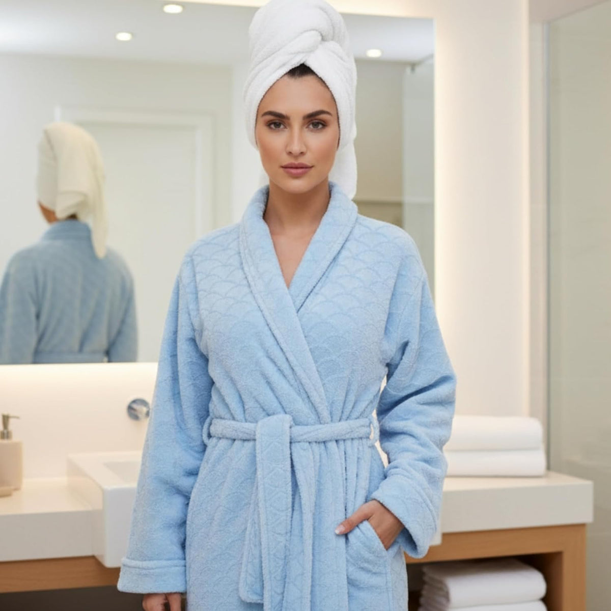 Women's Plush Fleece Bathrobe, Shawl Collar Jacquard Robe with Tie Belt
