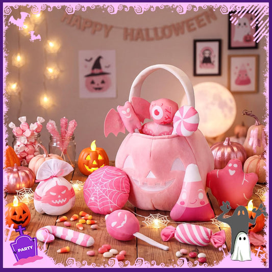 11 Pcs My First Plush Halloween Basket, Pumpkin Toys, Pink