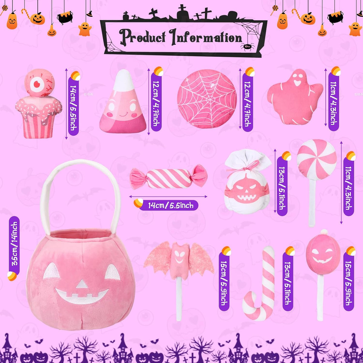 11 Pcs My First Plush Halloween Basket, Pumpkin Toys, Pink