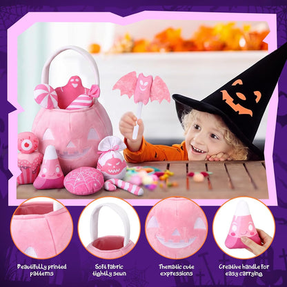 11 Pcs My First Plush Halloween Basket, Pumpkin Toys, Pink