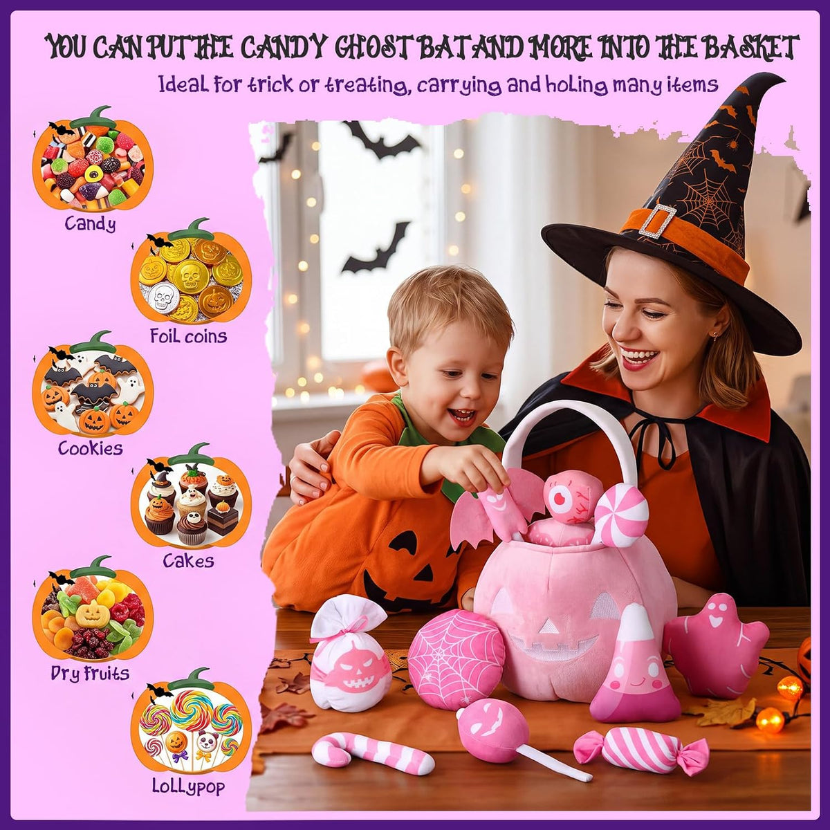 11 Pcs My First Plush Halloween Basket, Pumpkin Toys, Pink
