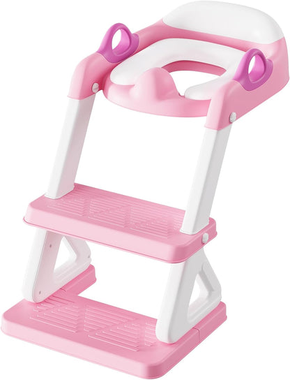 Potty Training Toilet Seat with Step Stool Ladder for Boys and Girls, 2 in 1 Potty Training Toilet, Splash Guard Anti-Slip Pad Step Stool （Pink) Pedal Upgrade.