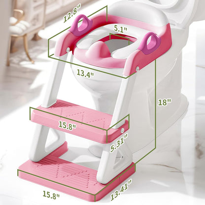 Potty Training Toilet Seat with Step Stool Ladder for Boys and Girls, 2 in 1 Potty Training Toilet, Splash Guard Anti-Slip Pad Step Stool （Pink) Pedal Upgrade.