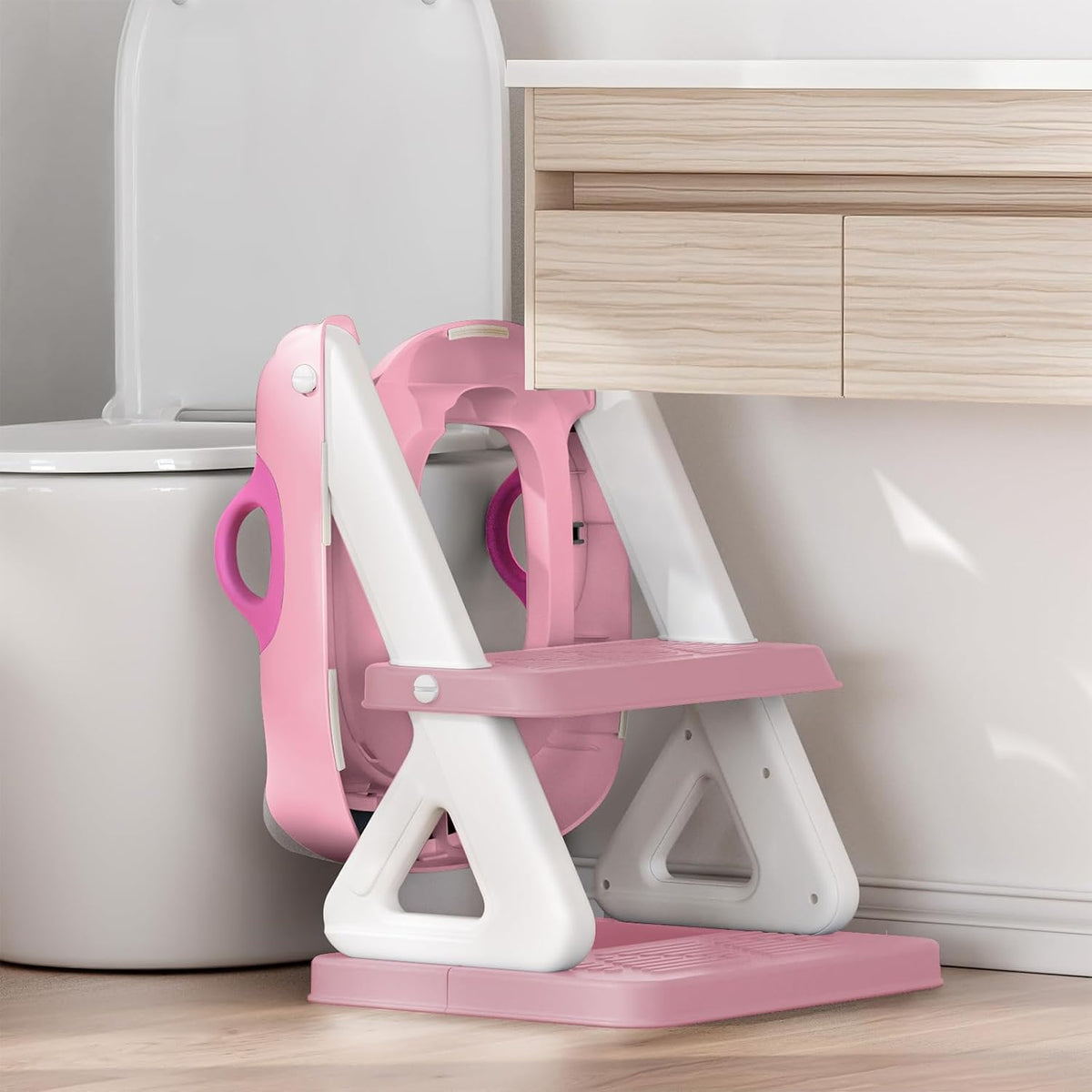 Potty Training Toilet Seat with Step Stool Ladder for Boys and Girls, 2 in 1 Potty Training Toilet, Splash Guard Anti-Slip Pad Step Stool （Pink) Pedal Upgrade.
