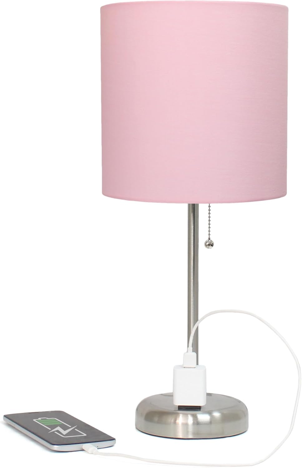 LT2024-LPK-2PK Two Pack Brushed Steel Stick Table Desk Lamp Set with Charging Outlet and Drum Fabric Shade for Living Room, Hallway, Nightstand, Office, Light Pink Shade