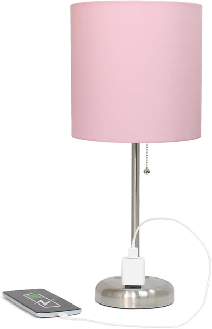 LT2024-LPK-2PK Two Pack Brushed Steel Stick Table Desk Lamp Set with Charging Outlet and Drum Fabric Shade for Living Room, Hallway, Nightstand, Office, Light Pink Shade