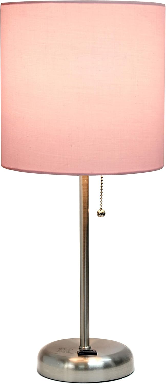 LT2024-LPK-2PK Two Pack Brushed Steel Stick Table Desk Lamp Set with Charging Outlet and Drum Fabric Shade for Living Room, Hallway, Nightstand, Office, Light Pink Shade
