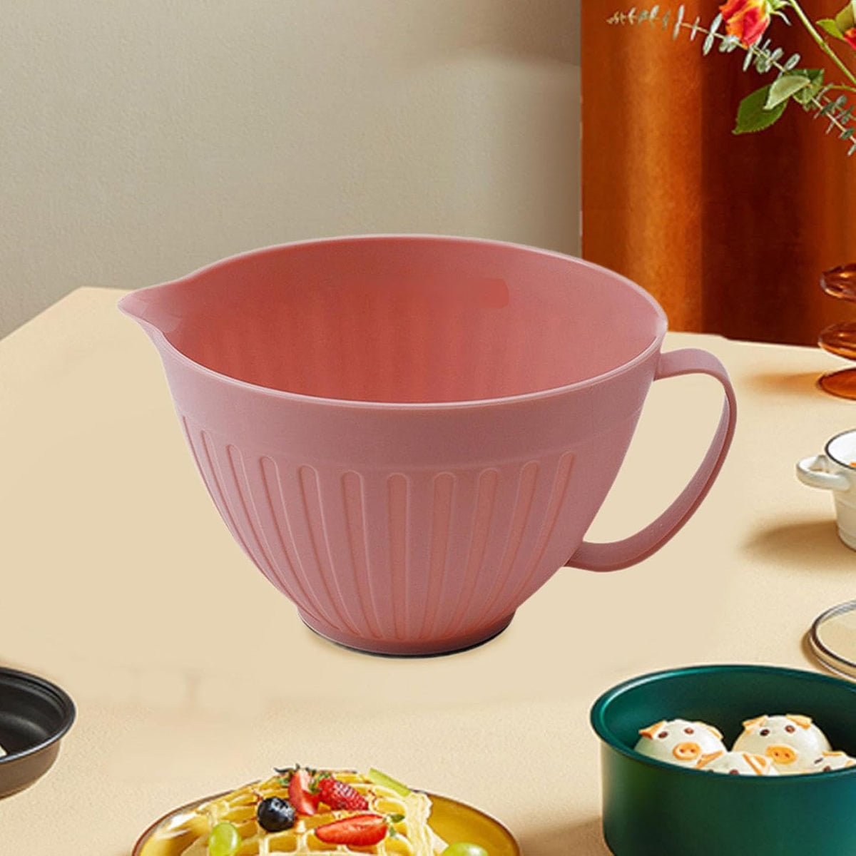 Mixing Bowl Batter Bowl Long Handle with Spout Oatmeal Bowl Serving Bowl Salad Bowl for Cooking Baking Soup Prepping Dessert, Pink