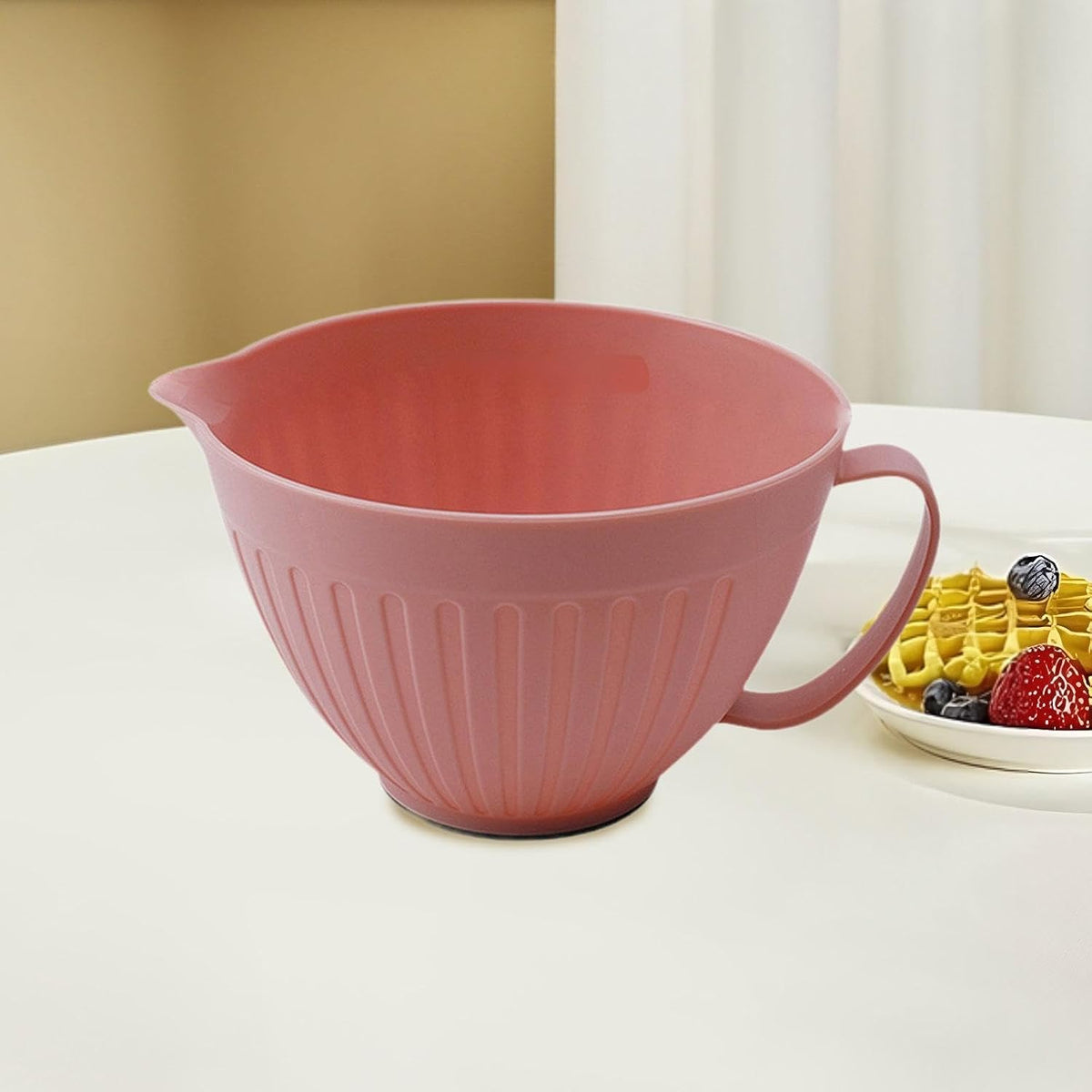 Mixing Bowl Batter Bowl Long Handle with Spout Oatmeal Bowl Serving Bowl Salad Bowl for Cooking Baking Soup Prepping Dessert, Pink