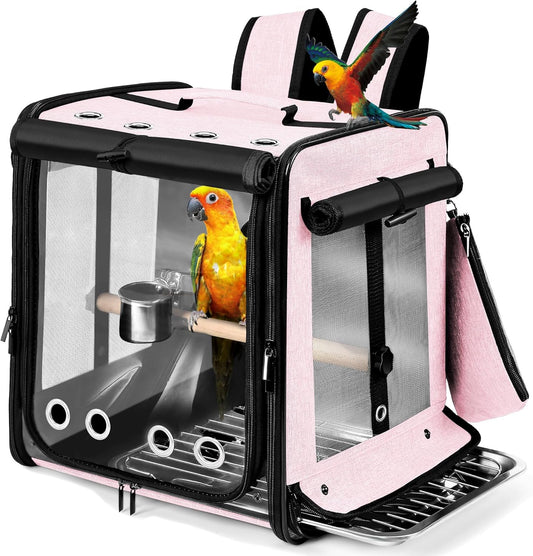 Bird Carrier with Seat Belt for Car Travel, Bird Backpack Carrier with Indestructible Stainless Steel Mesh, Large Bird Carrier Travel Cage, Pink
