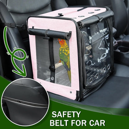 Bird Carrier with Seat Belt for Car Travel, Bird Backpack Carrier with Indestructible Stainless Steel Mesh, Large Bird Carrier Travel Cage, Pink