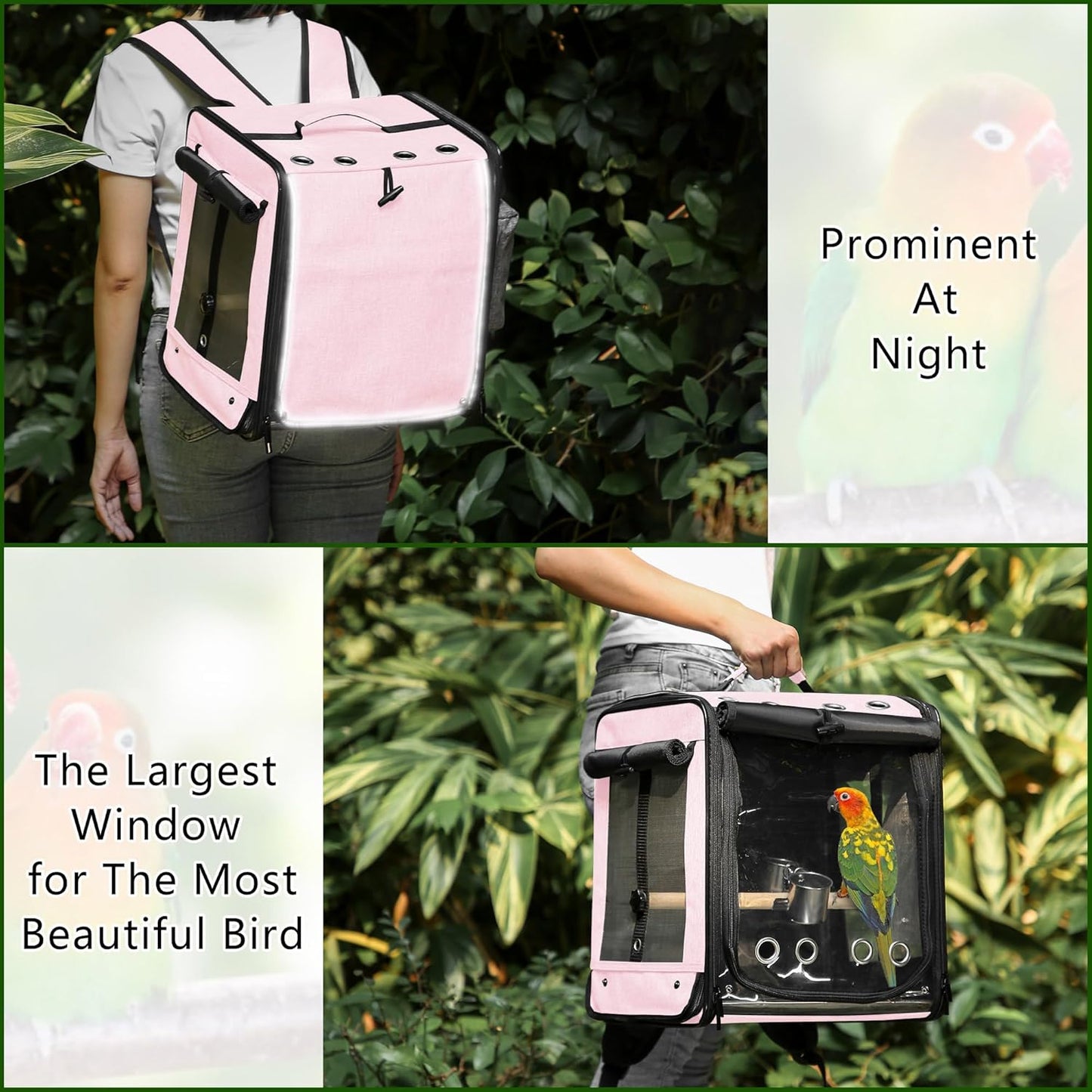 Bird Carrier with Seat Belt for Car Travel, Bird Backpack Carrier with Indestructible Stainless Steel Mesh, Large Bird Carrier Travel Cage, Pink