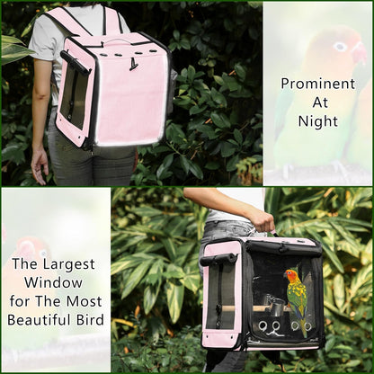 Bird Carrier with Seat Belt for Car Travel, Bird Backpack Carrier with Indestructible Stainless Steel Mesh, Large Bird Carrier Travel Cage, Pink