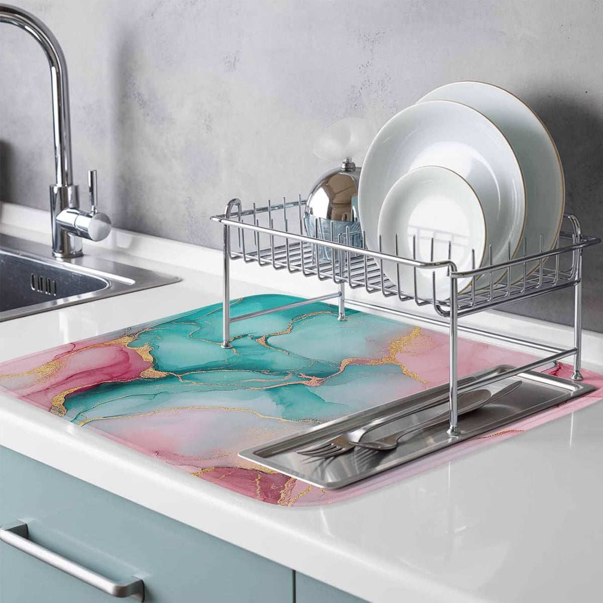 Dish Drying Mat Water Pink Marble Kitchen Counter Drying Pad for Dishes Glasses Cups and Cookware Abstract Art Absorbent Dish Drying Mat Machine Washable Kitchen Accessories 2 Pack 16" x 18"