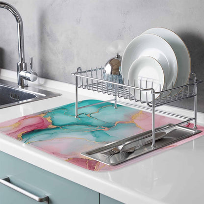 Dish Drying Mat Water Pink Marble Kitchen Counter Drying Pad for Dishes Glasses Cups and Cookware Abstract Art Absorbent Dish Drying Mat Machine Washable Kitchen Accessories 2 Pack 16" x 18"