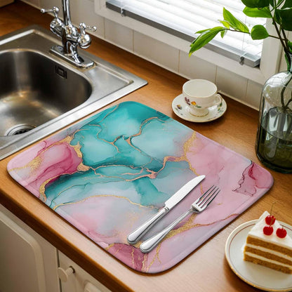 Dish Drying Mat Water Pink Marble Kitchen Counter Drying Pad for Dishes Glasses Cups and Cookware Abstract Art Absorbent Dish Drying Mat Machine Washable Kitchen Accessories 2 Pack 16" x 18"