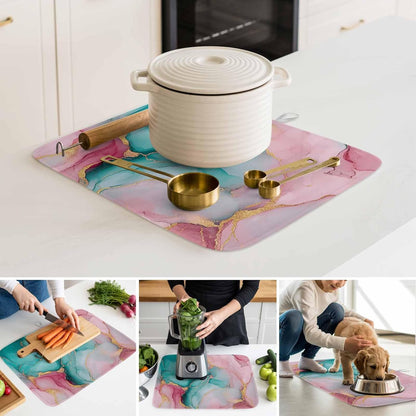 Dish Drying Mat Water Pink Marble Kitchen Counter Drying Pad for Dishes Glasses Cups and Cookware Abstract Art Absorbent Dish Drying Mat Machine Washable Kitchen Accessories 2 Pack 16" x 18"