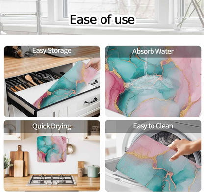 Dish Drying Mat Water Pink Marble Kitchen Counter Drying Pad for Dishes Glasses Cups and Cookware Abstract Art Absorbent Dish Drying Mat Machine Washable Kitchen Accessories 2 Pack 16" x 18"