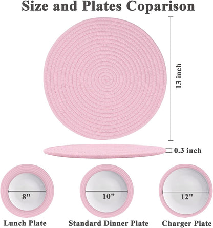 Round Placemats Set of 6, Cotton Rope Woven Table Mats, Hot Pads for Kitchen, Non Slip Heat Resistant Place Mats, 13 Inches Braided Placemat for Farmhouse Decor and Kitchen Table Decor (Pink)