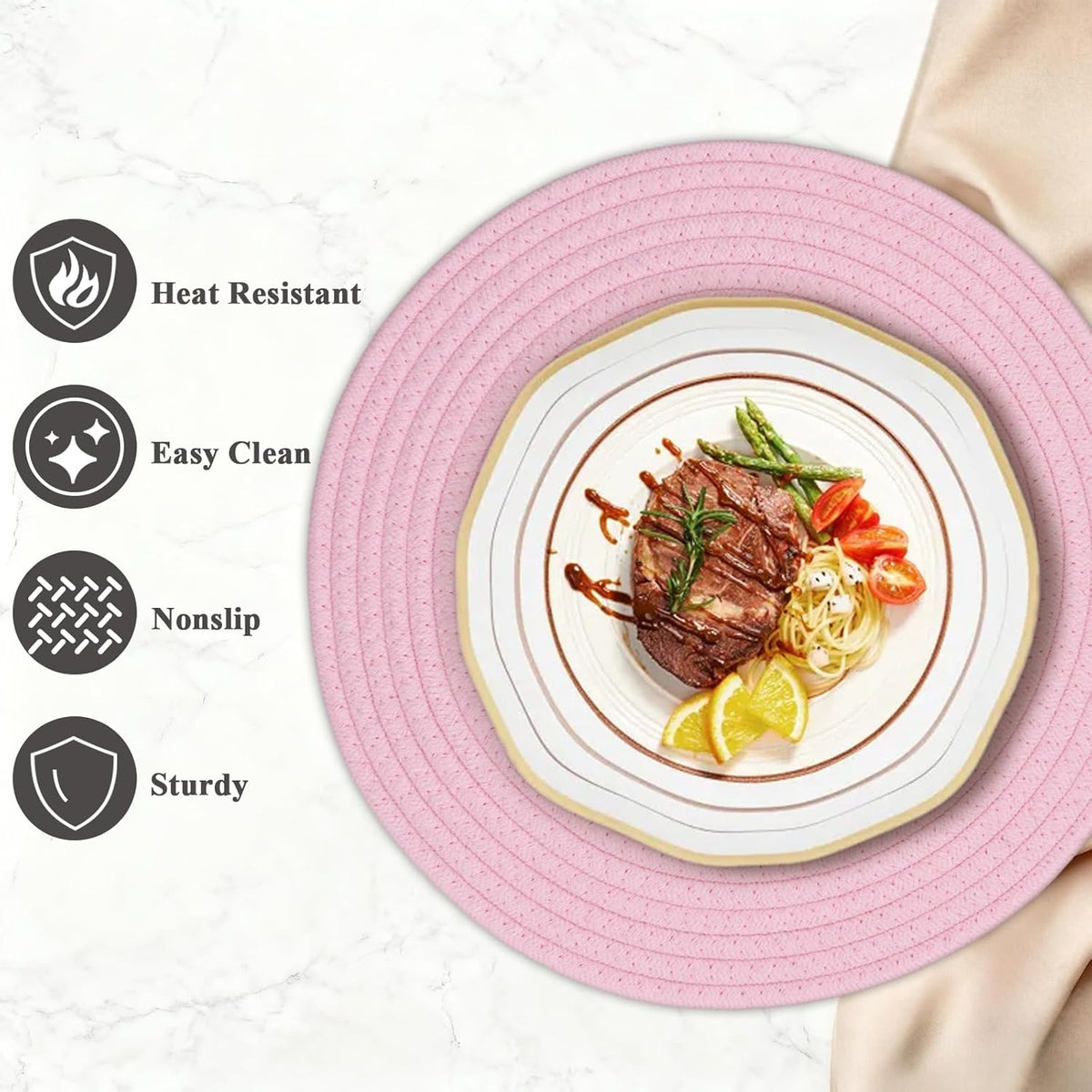 Round Placemats Set of 6, Cotton Rope Woven Table Mats, Hot Pads for Kitchen, Non Slip Heat Resistant Place Mats, 13 Inches Braided Placemat for Farmhouse Decor and Kitchen Table Decor (Pink)