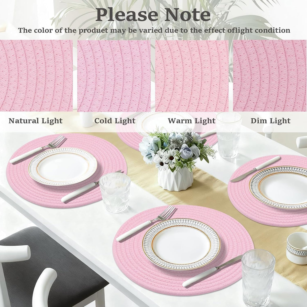 Round Placemats Set of 6, Cotton Rope Woven Table Mats, Hot Pads for Kitchen, Non Slip Heat Resistant Place Mats, 13 Inches Braided Placemat for Farmhouse Decor and Kitchen Table Decor (Pink)