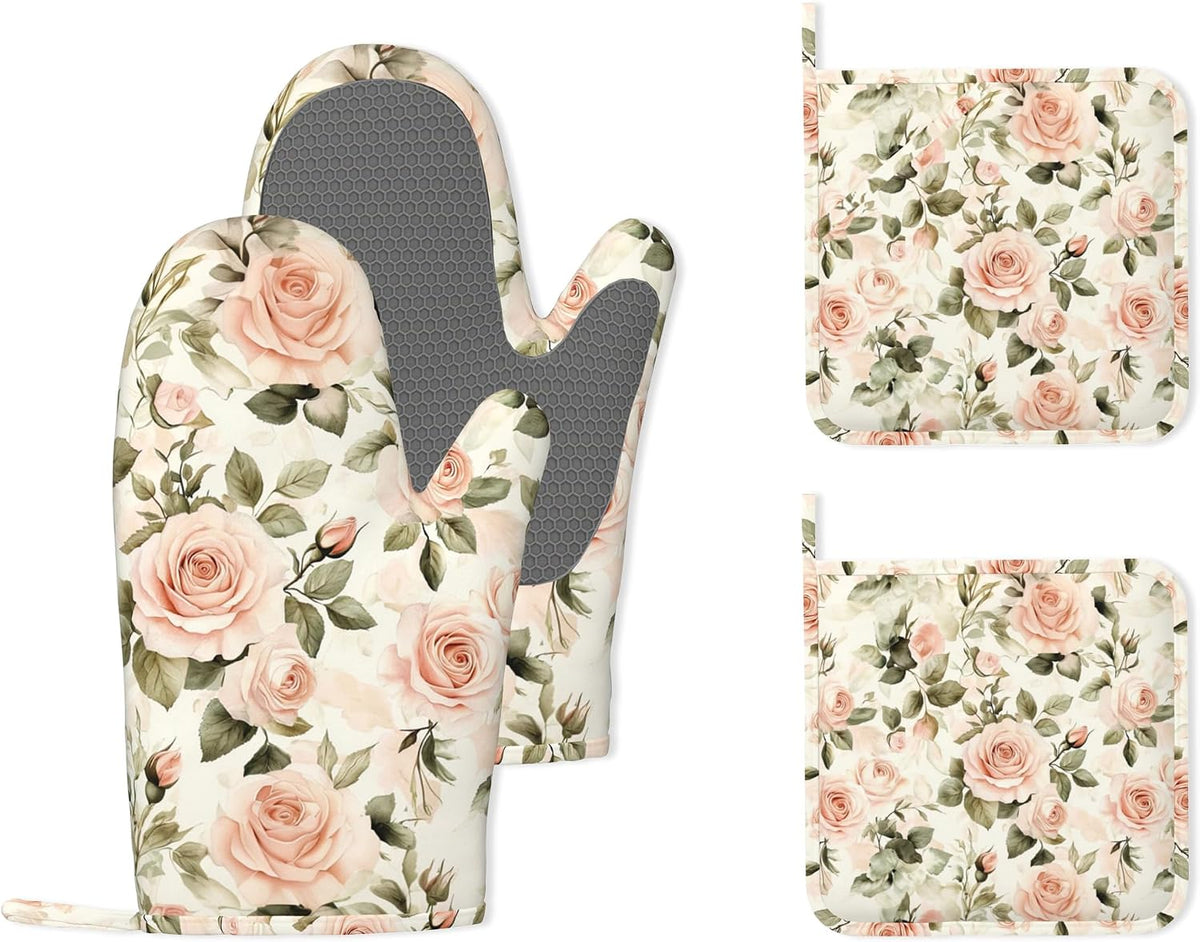 Vintage Pink Rose Oven Mitts and Pot Holders (4PCS),Heat Resistant Non-Slip Silicone Kitchen Gloves for Cooking, Baking, BBQ Waterproof Kitchen Accessories