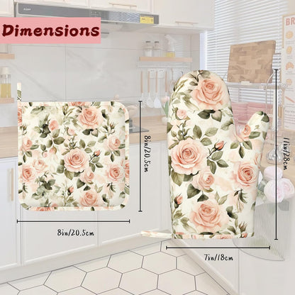 Vintage Pink Rose Oven Mitts and Pot Holders (4PCS),Heat Resistant Non-Slip Silicone Kitchen Gloves for Cooking, Baking, BBQ Waterproof Kitchen Accessories
