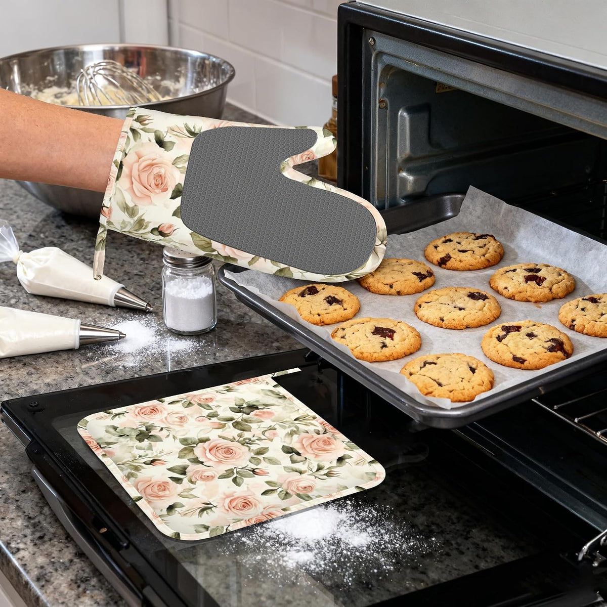 Vintage Pink Rose Oven Mitts and Pot Holders (4PCS),Heat Resistant Non-Slip Silicone Kitchen Gloves for Cooking, Baking, BBQ Waterproof Kitchen Accessories