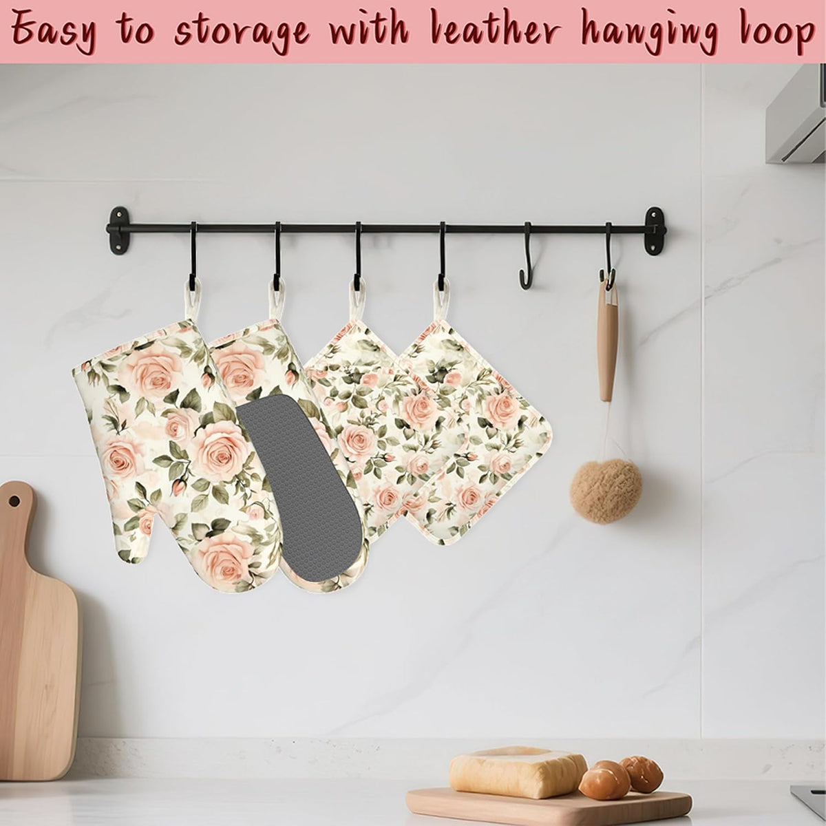 Vintage Pink Rose Oven Mitts and Pot Holders (4PCS),Heat Resistant Non-Slip Silicone Kitchen Gloves for Cooking, Baking, BBQ Waterproof Kitchen Accessories