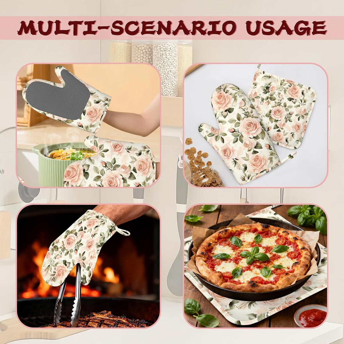 Vintage Pink Rose Oven Mitts and Pot Holders (4PCS),Heat Resistant Non-Slip Silicone Kitchen Gloves for Cooking, Baking, BBQ Waterproof Kitchen Accessories