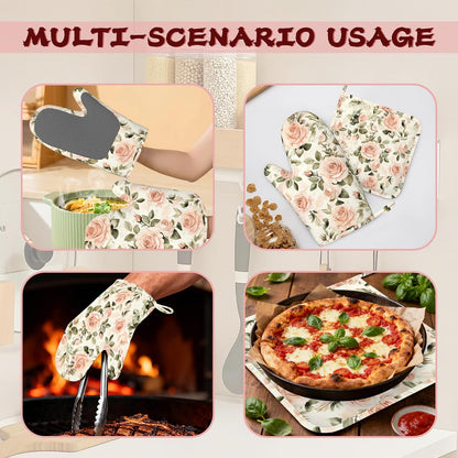 Vintage Pink Rose Oven Mitts and Pot Holders (4PCS),Heat Resistant Non-Slip Silicone Kitchen Gloves for Cooking, Baking, BBQ Waterproof Kitchen Accessories