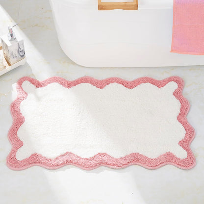 Luxury Cute Bathroom Rugs, White Bath Mat W/Pink Scalloped Edge, Microfiber Aesthetic Trendy Funky Fun Preppy Rug, Extra Soft Bathroom Mat Non-Slip for Tub, Shower, and Bath Room 30'' x 20''