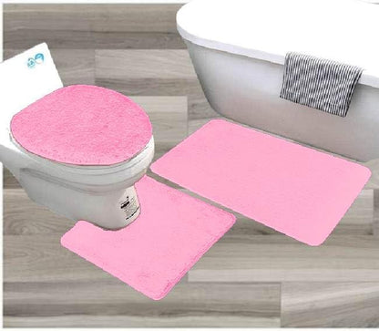 3 Piece Bathroom Floor Bath Mats Rugs Set with Lid Cover Non-Skid Absorbent Solid #6 (Light Pink)