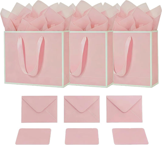 3 Sets Large Gift Bags with Handles, Pink& White, 13.8×10.2×5.1 IN | Paper Bags with Tissue Papers, Card & Envelope for Birthday, Party, Wedding, Shopping, Baby & Bridal Shower, Presents