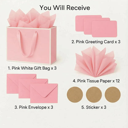 3 Sets Large Gift Bags with Handles, Pink& White, 13.8×10.2×5.1 IN | Paper Bags with Tissue Papers, Card & Envelope for Birthday, Party, Wedding, Shopping, Baby & Bridal Shower, Presents